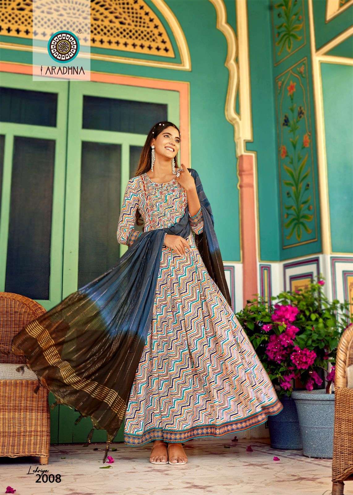 aradhna lehriya vol-2 2001-2008 series reyon gown designer kurti with banarsi dupatta online best rate surat 