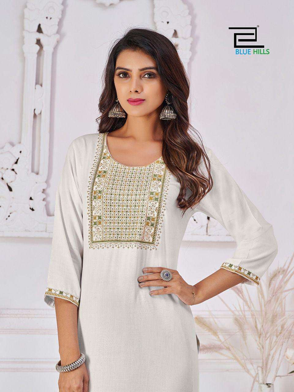 blue hills by college girl vol-1 101-108 series reyon embroidred kurti collection online wholesaler surat 