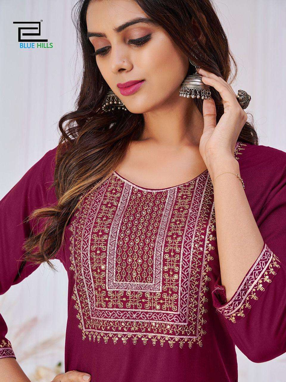blue hills by college girl vol-1 101-108 series reyon embroidred kurti collection online wholesaler surat 