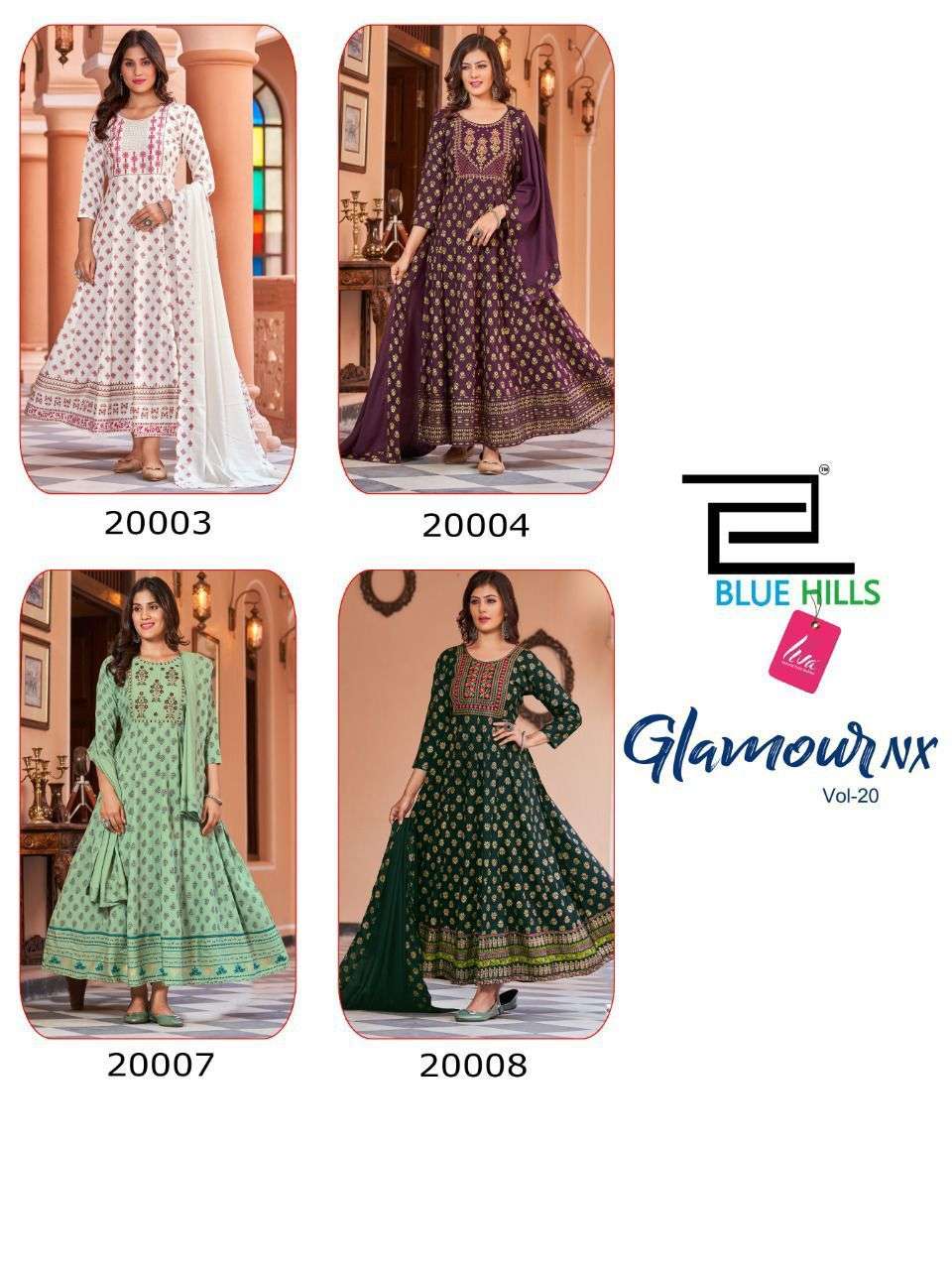 blue hills by glamour nx vol-20 anarkali gown with dupatta 4 pcs set wholesale dealer at surat 