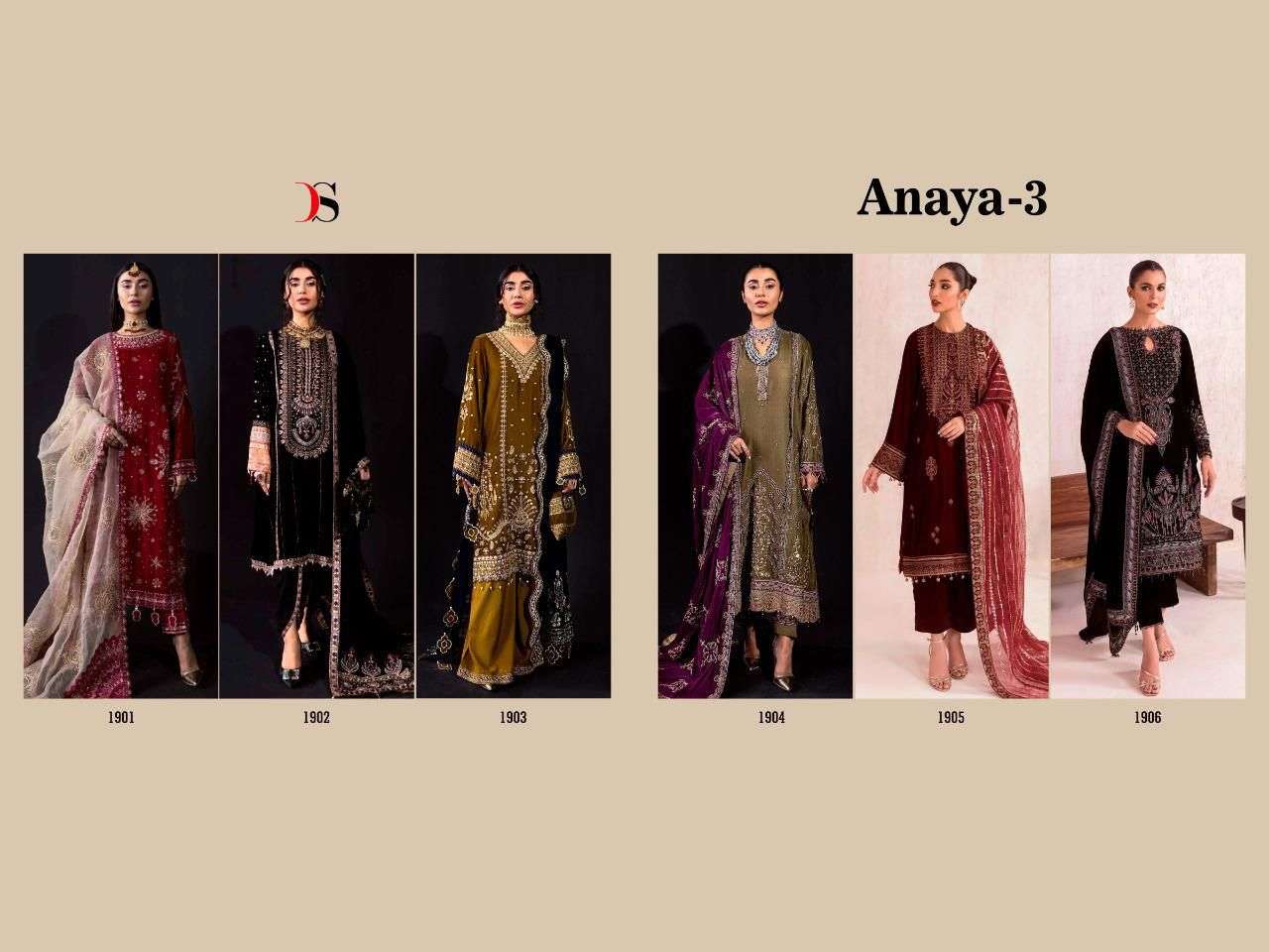 deepsy suits anaya velvet vol-3 1901-1906 series velvet fancy embroidered salwar kameez surat