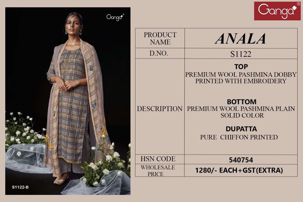 ganga anala 1122 pashmina designer salwar kameez wholesale price surat 