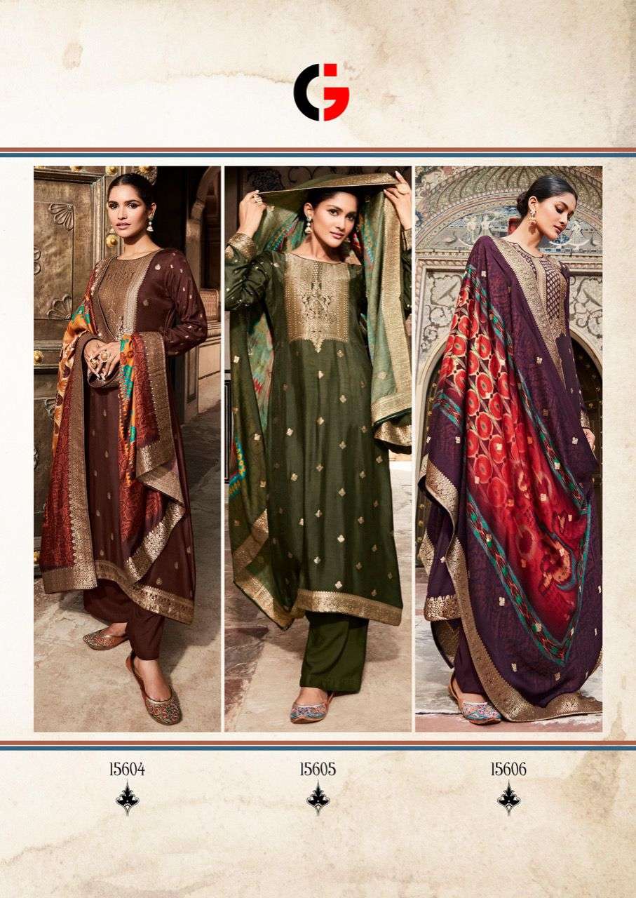 gull jee dilnaaz 15601-15606 series viscose pashmina weave fancy salwar suits wholesale price 