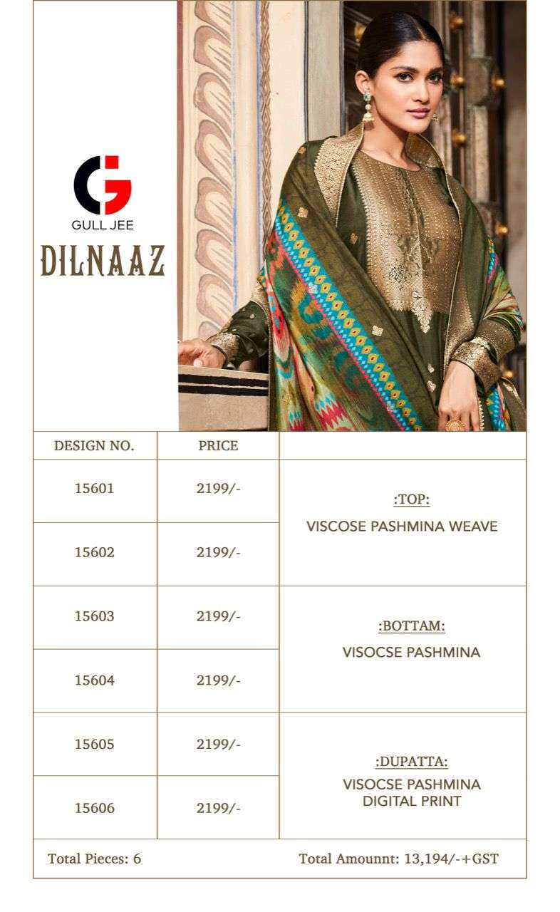 gull jee dilnaaz 15601-15606 series viscose pashmina weave fancy salwar suits wholesale price 