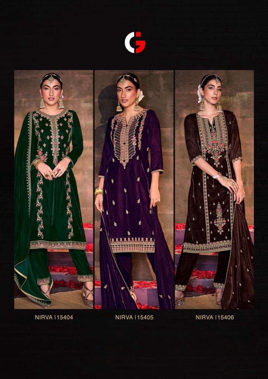 gull jee nirva 15401-15404 series velvet embroidered salwar suits wholesale price surat