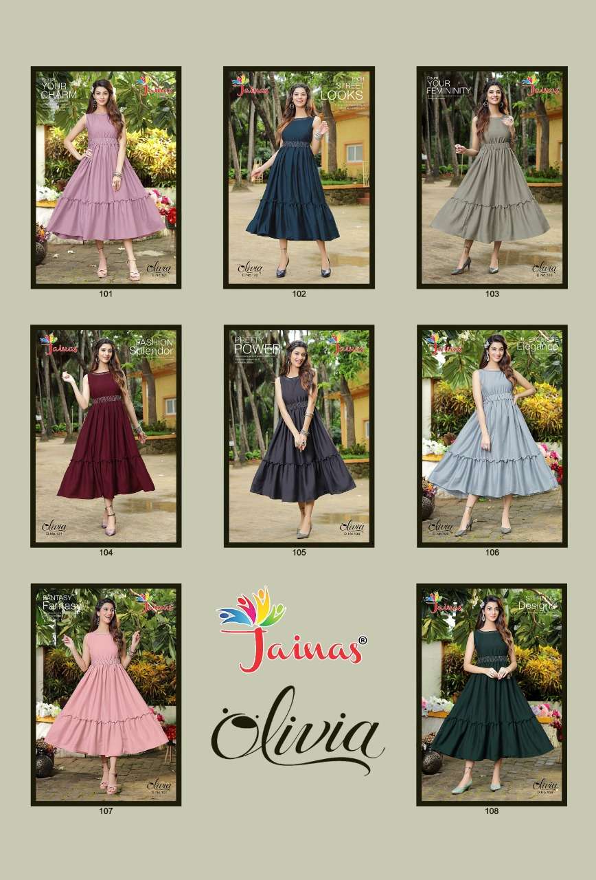 jainas olivia 101-108 series chinon designer flair kurtis wholesale price supplier surat