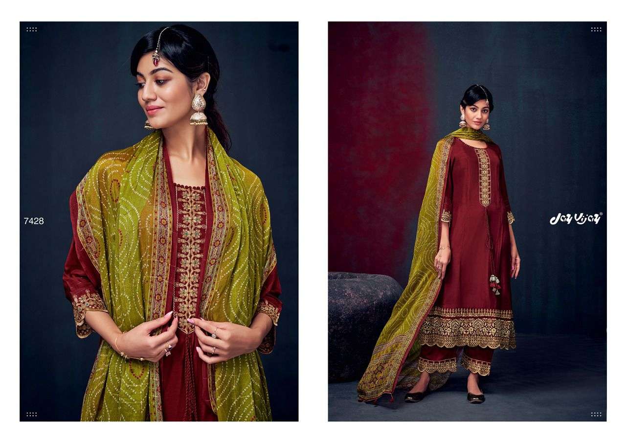 jay vijay rozina 7421-7430 pure russian silk designer look salwar kameez wholesale price supplier surat