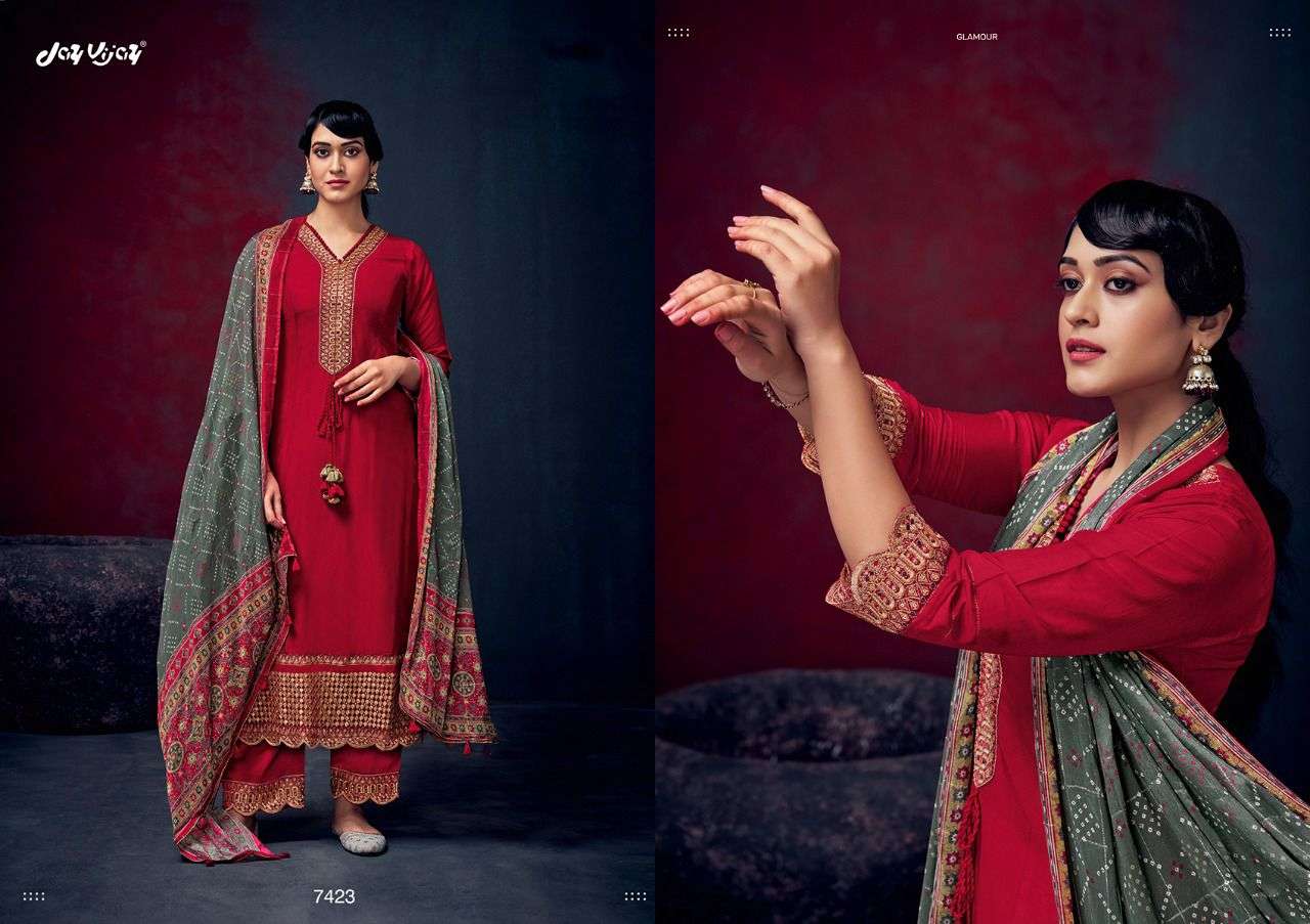 jay vijay rozina 7421-7430 pure russian silk designer look salwar kameez wholesale price supplier surat