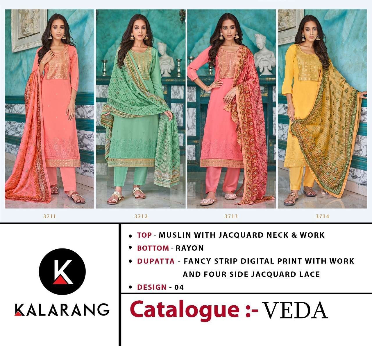  kalarang veda 3711-3714 series stylish designer salwar suits wholesaler surat