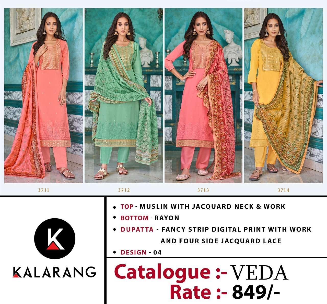  kalarang veda 3711-3714 series stylish designer salwar suits wholesaler surat