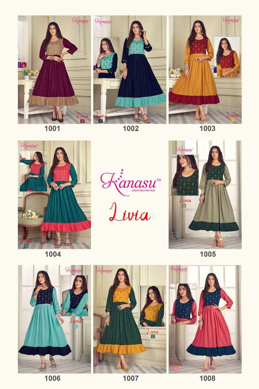 kanasu livia 1001-1008 series designer long kurti catalogue new pattren 