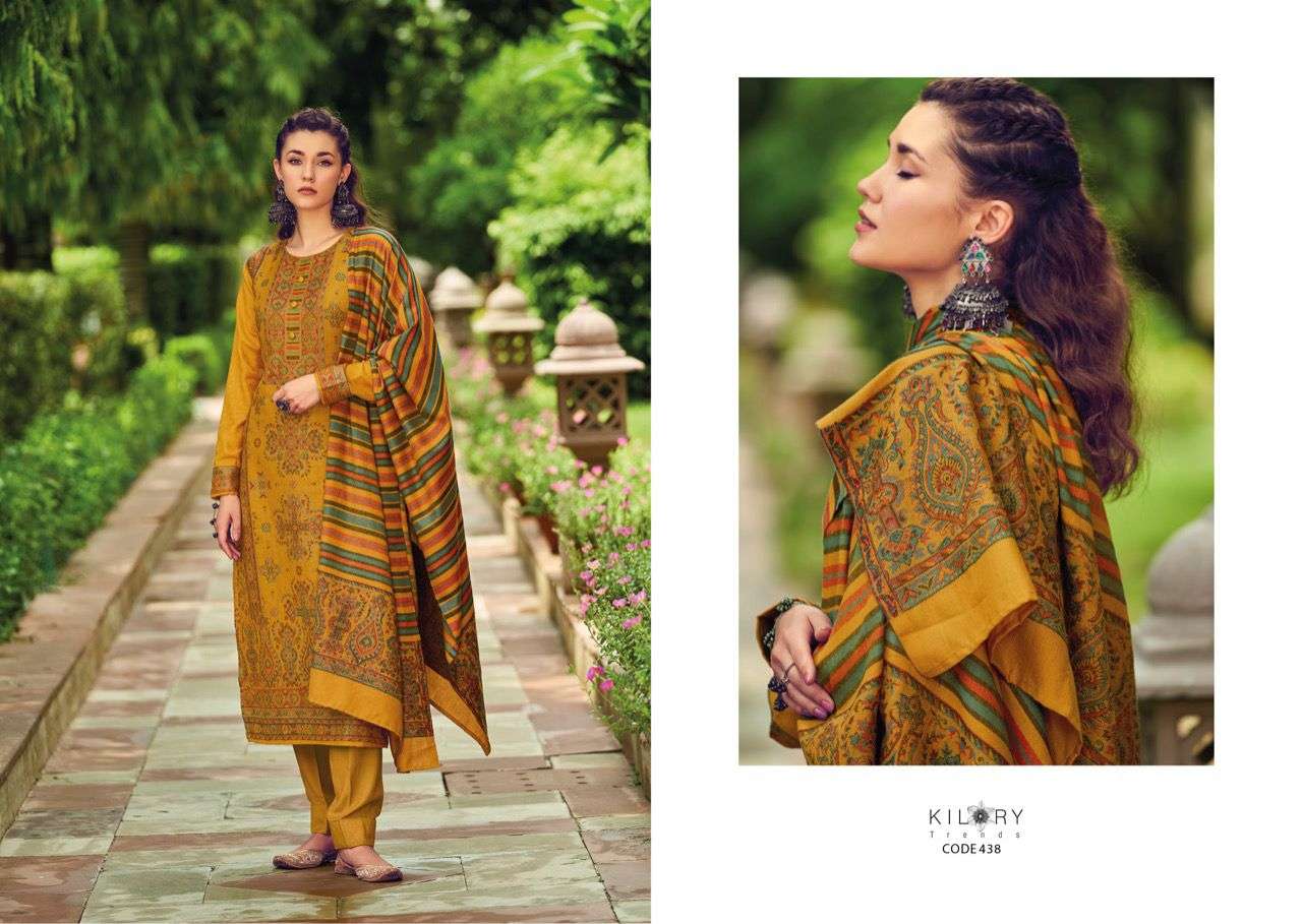 kilory trends gulmohar vol-7 431-440 series handloom weaving pashmina designer unstich suits wholesale market surat 