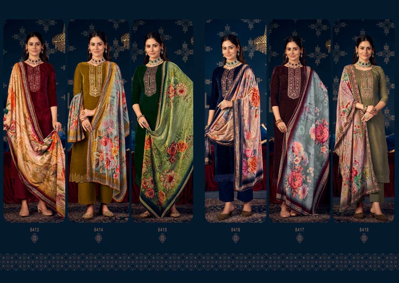 levisha ekanya vol-2 8413-8418 series velvet designer party wear salwar kameez online wholesaler surat 