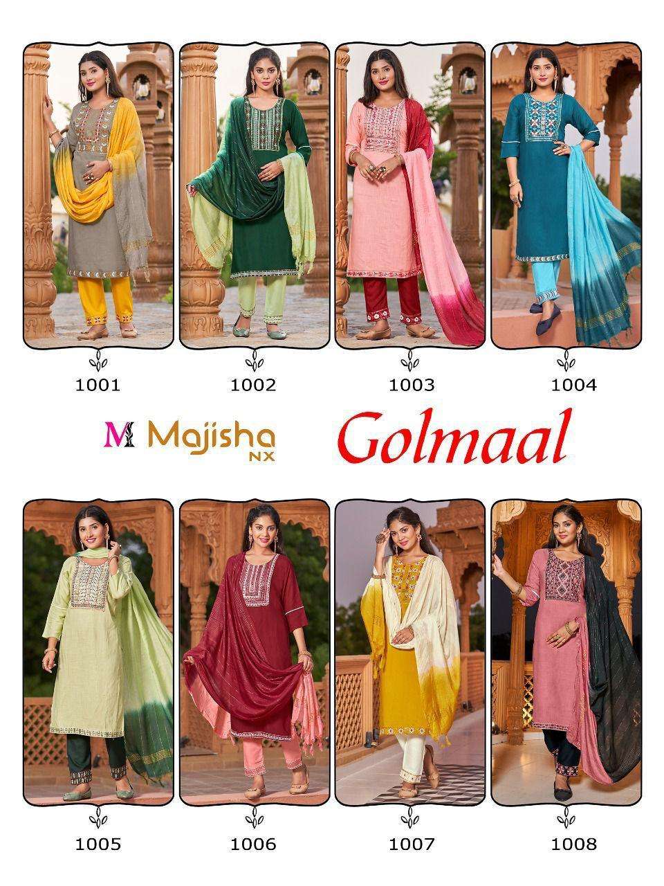 majisha nx golmal vol-1 1001-1008 series rayon fancy kurtis bottom with fancy dupatta set wholesale price surat