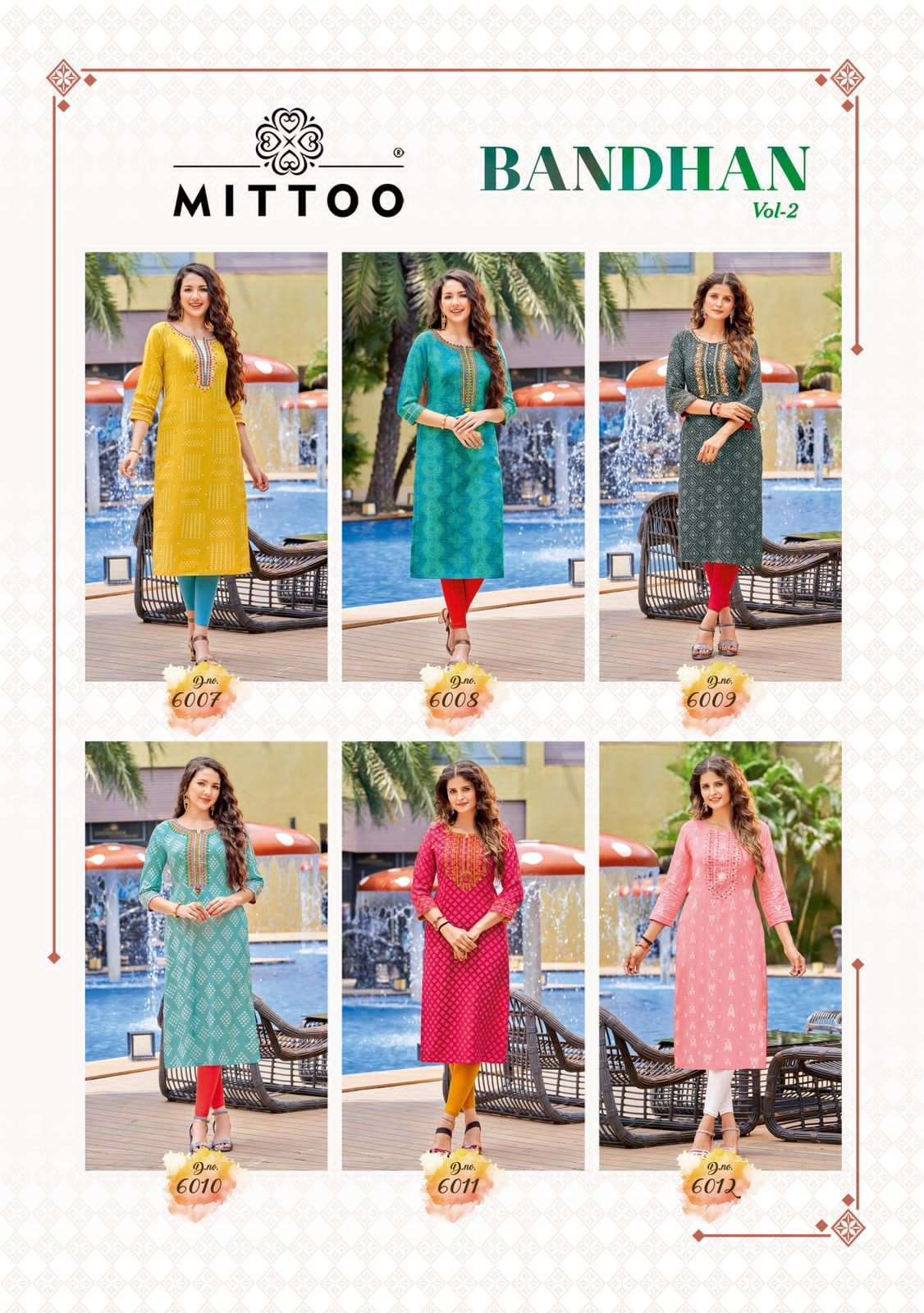 mittoo bandhan vol-2 6007-6012 series reyon designer hand work kurti online seller wholesale price surat 