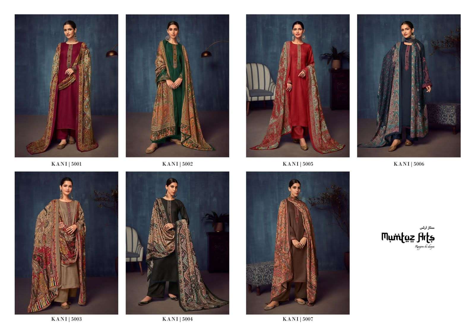 mumtaz arts kani 5001-5007 series pashmina designer neck embroidered salwar kameez surat