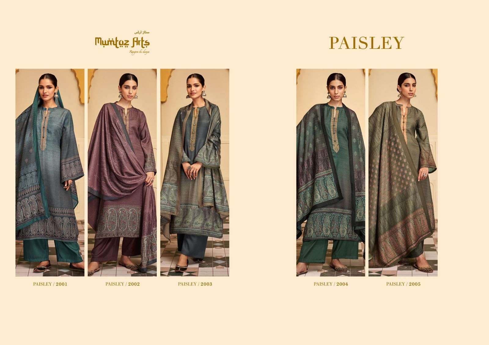 mumtaz arts paisley 2001-2005 series pure viscose twill pashmina salwar kameez wholesale price 