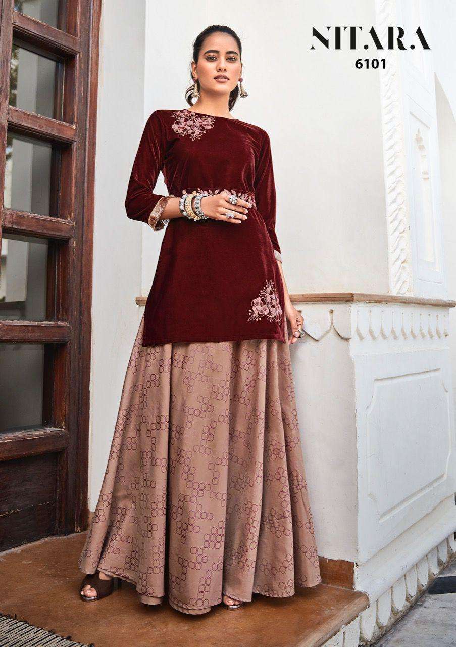 nitara sparkles vol-7 6101-6106 series designer kurtis with skirt collection wholesale price surat