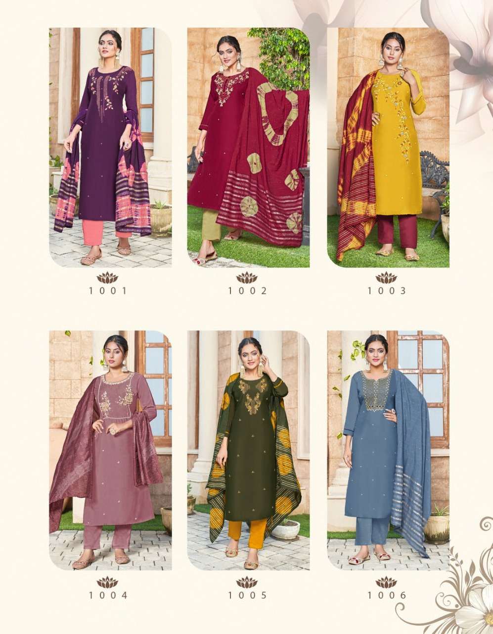 radhika duster vol-1 1001-1006 series chinon silk designer stich suits wholesaler in surat 