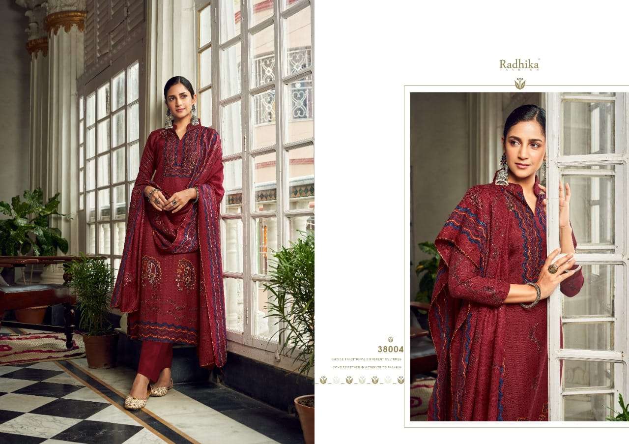 radhika fashion sona 38001-38008 series pure pashmina salwar suits wholesale price 