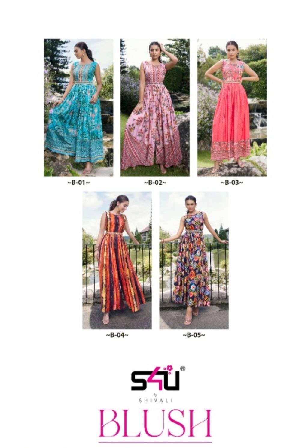 s4u blush pure muslin designer look fancy jumpsuits collection wholesale price surat