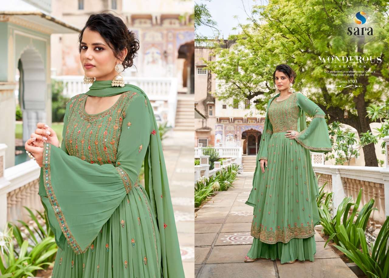 sara trendz maahi 3701-3704 series georgette heavy embroidered salwar suits wholesale price 