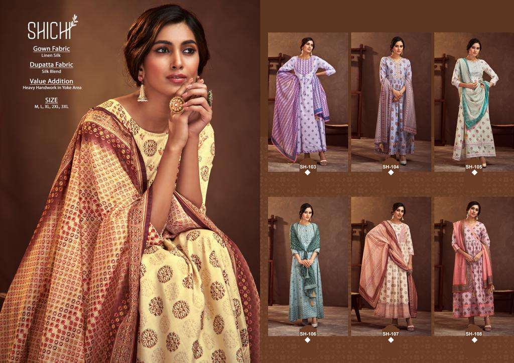 shichi naaz 101-106 series linen silk fancy gown with bottom dupatta set surat