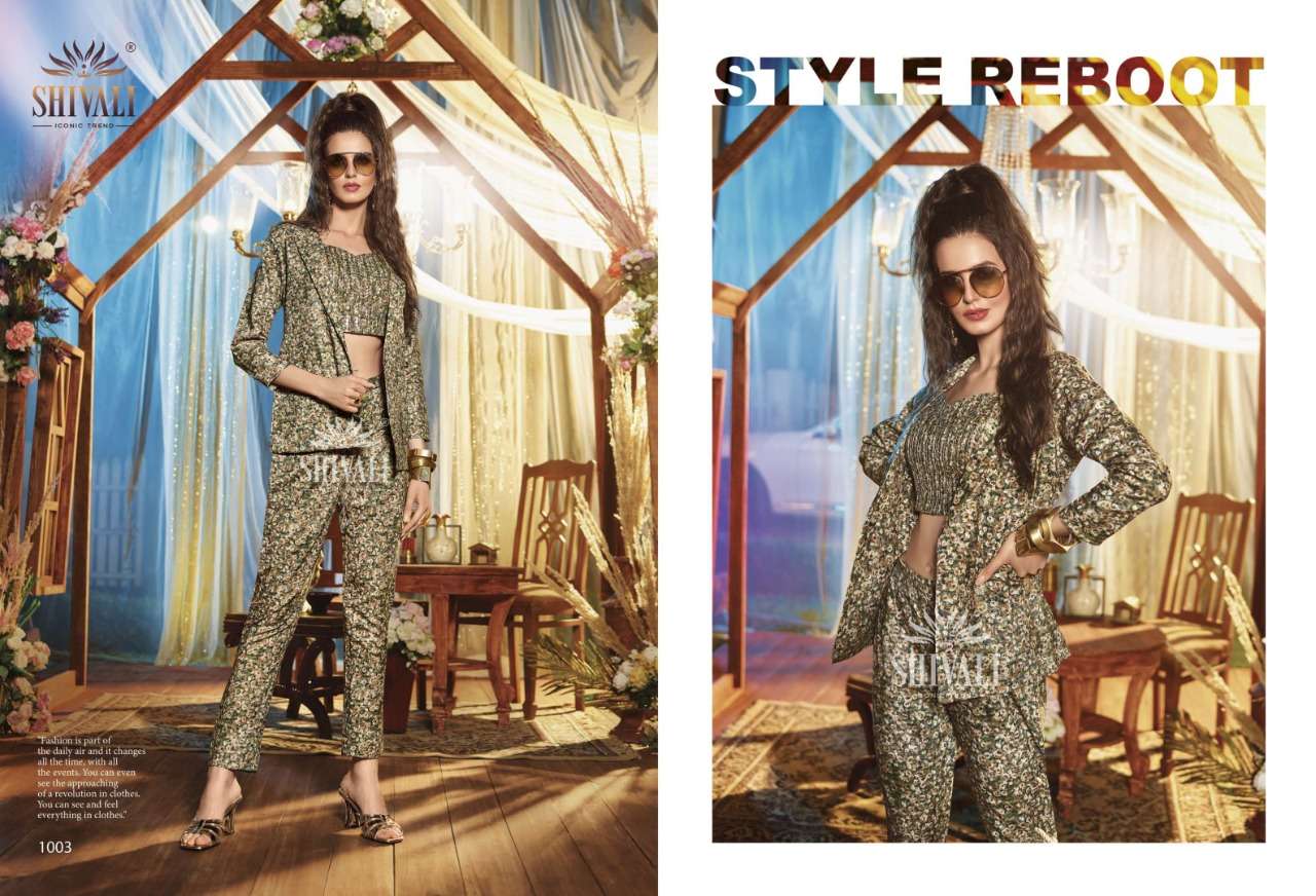 shivali bebo 1001-1005 series fancy co-ord set with jacket collection wholesale price surat