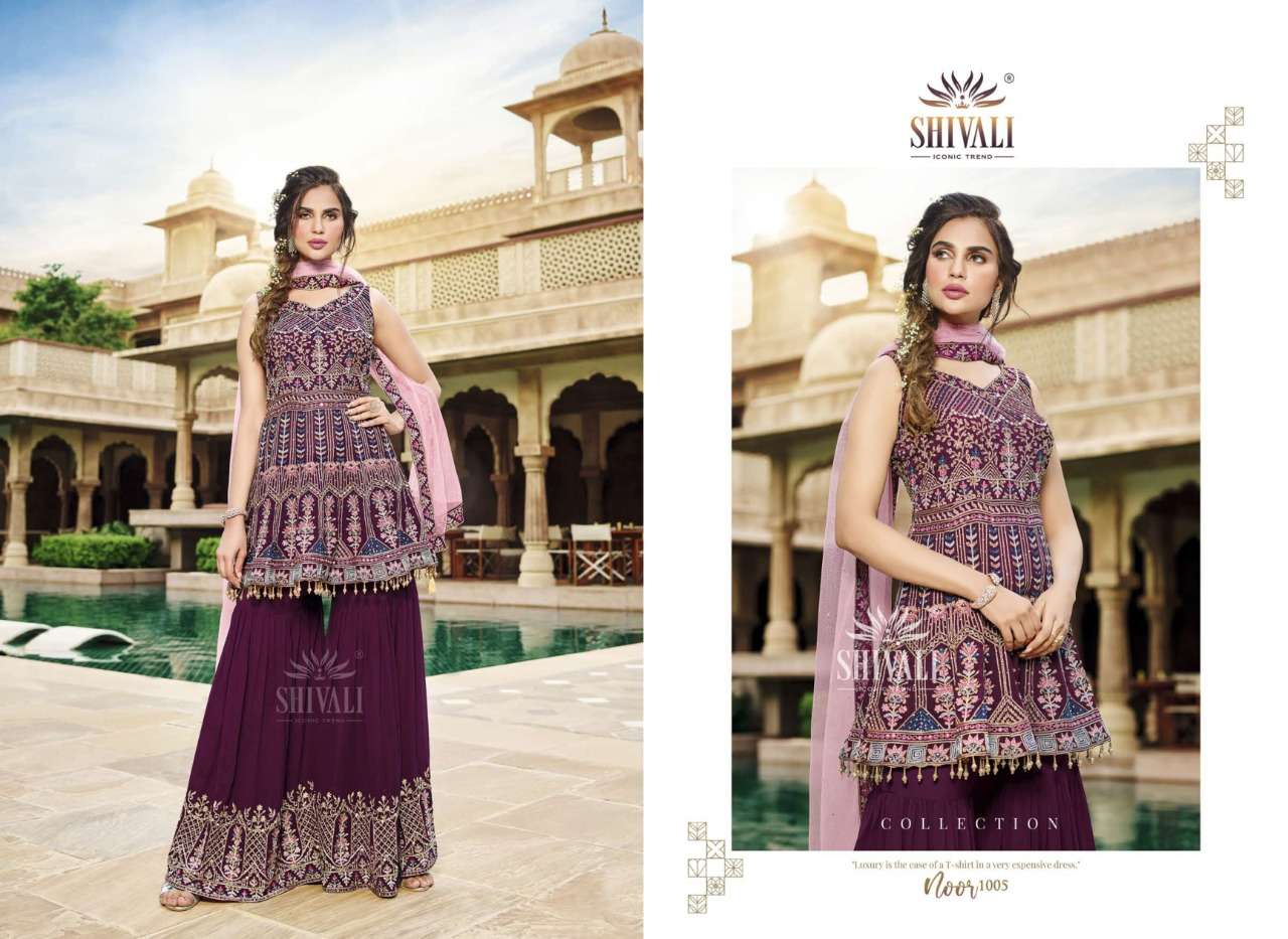 shivali noor 1001-1005 series georgette party wear sharara suits collection wholesale price