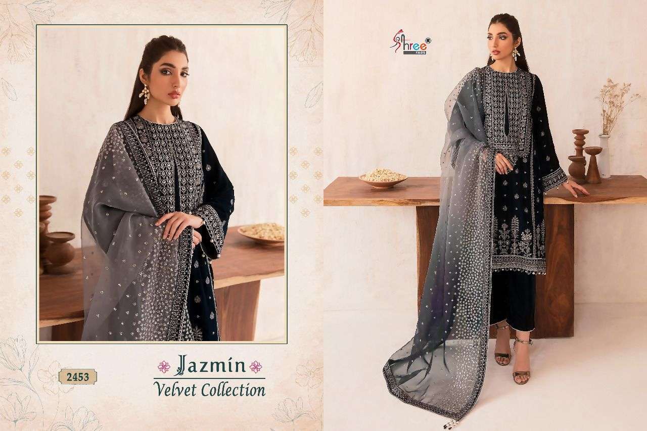 shree fabs jazmin velvet collection 2452-2455 series fancy salwar kameez wholesale price 