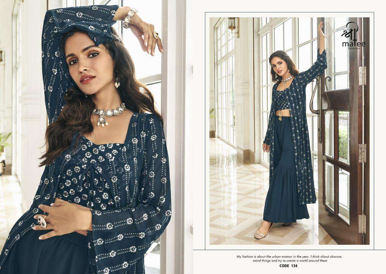 shree mate zainab 133-135 series jacket style party wear georgette stich free size top sharara collection online seller surat 