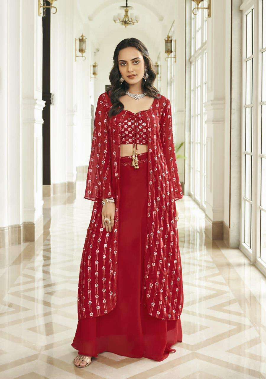 shree mate zainab 133-135 series jacket style party wear georgette stich free size top sharara collection online seller surat 