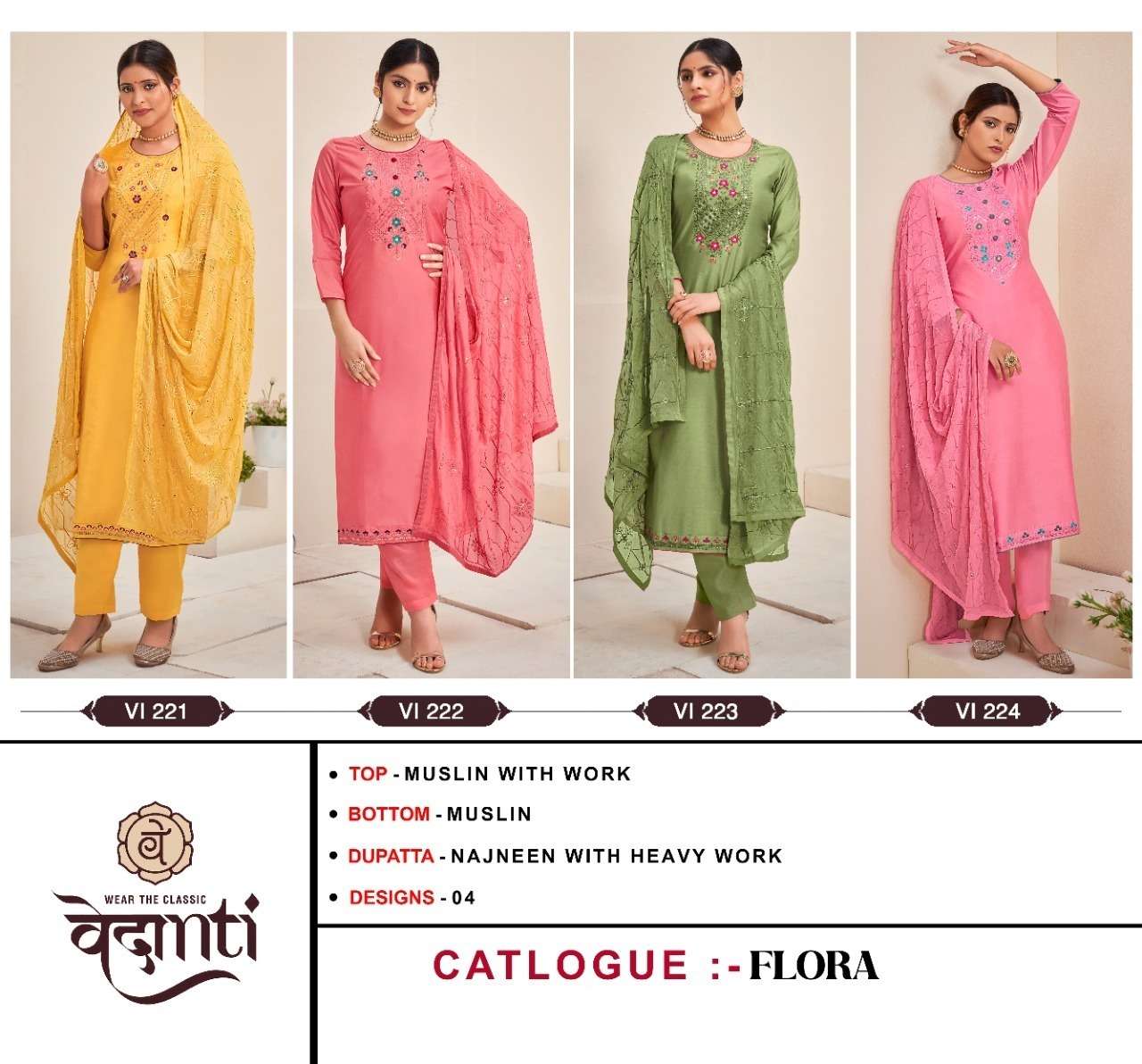 vedanti flora 221-224 series muslin with work fancy unstich salwar suits collection surat