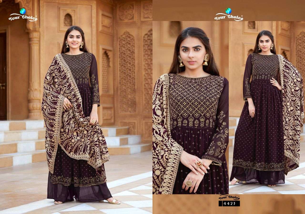 your choice by mahisa 4423-4428 series blooming georgette designer free size salwar suits wholesale market surat
