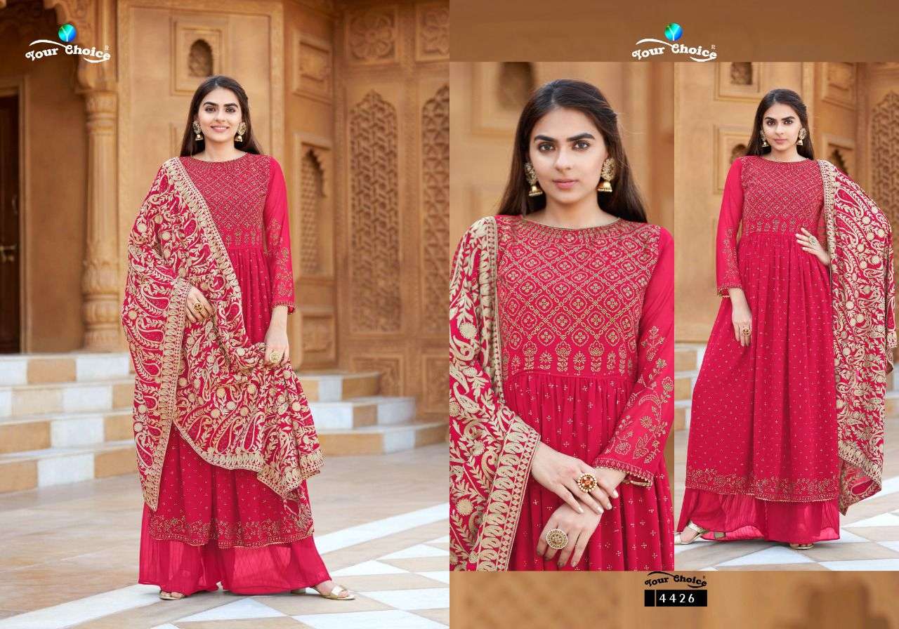your choice by mahisa 4423-4428 series blooming georgette designer free size salwar suits wholesale market surat