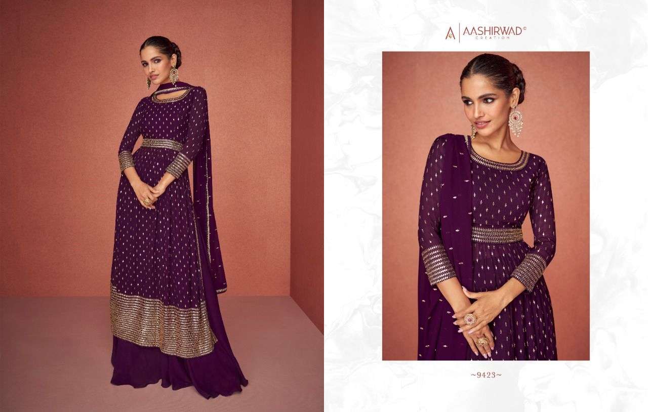 aashirwad creation aroma 9423-9427 series party wear fancy georgette salwar suits collection surat