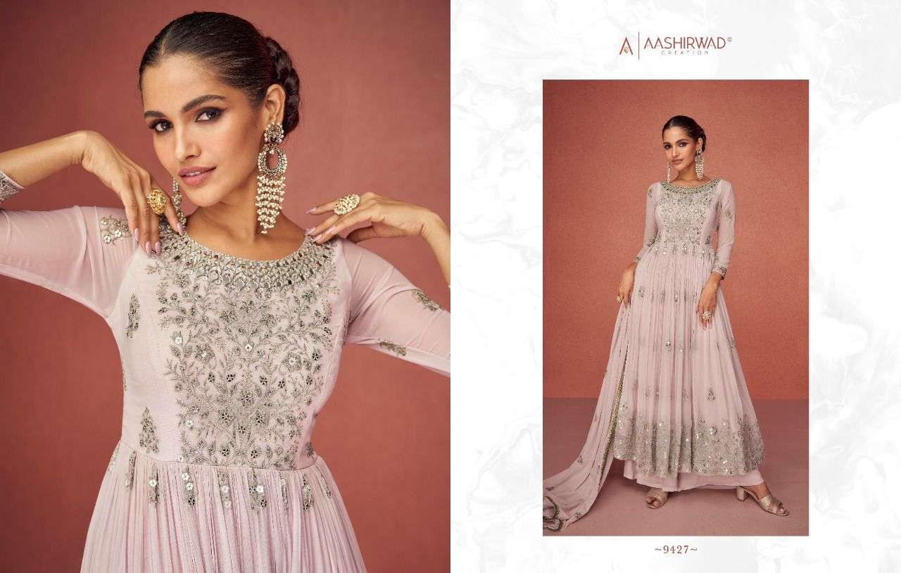 aashirwad creation aroma 9423-9427 series party wear fancy georgette salwar suits collection surat