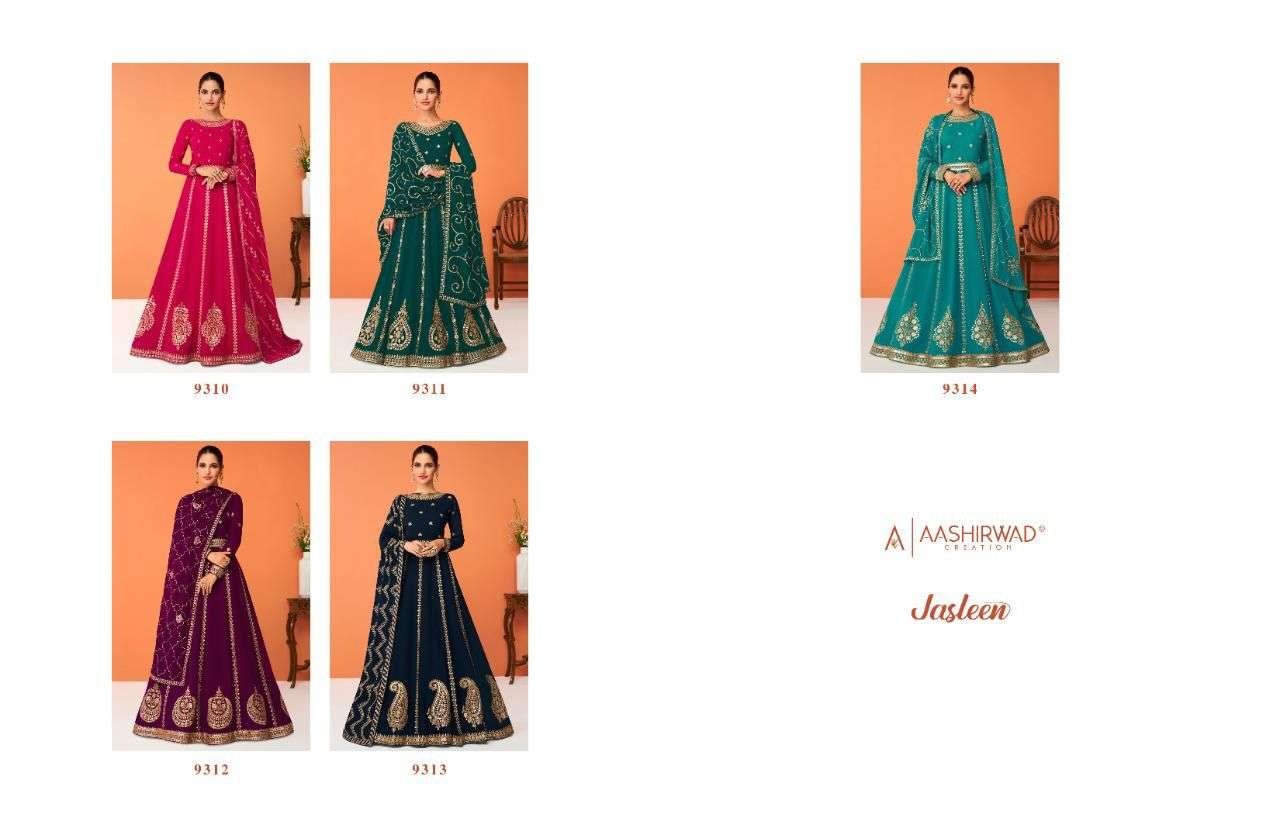 aashirwad creation jasleen 9310-9314 series real georgette fancy party wear salwar suits collection surat