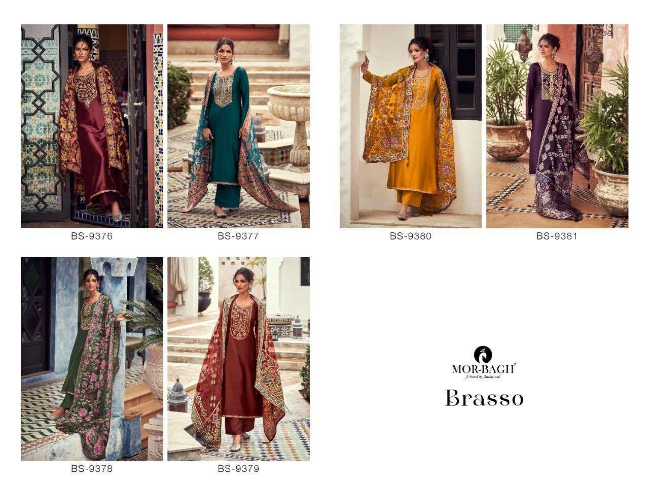 aashirwad creation mor-bagh brasso 9376-9381 series dream silk fancy unstich salwar suits collection surat