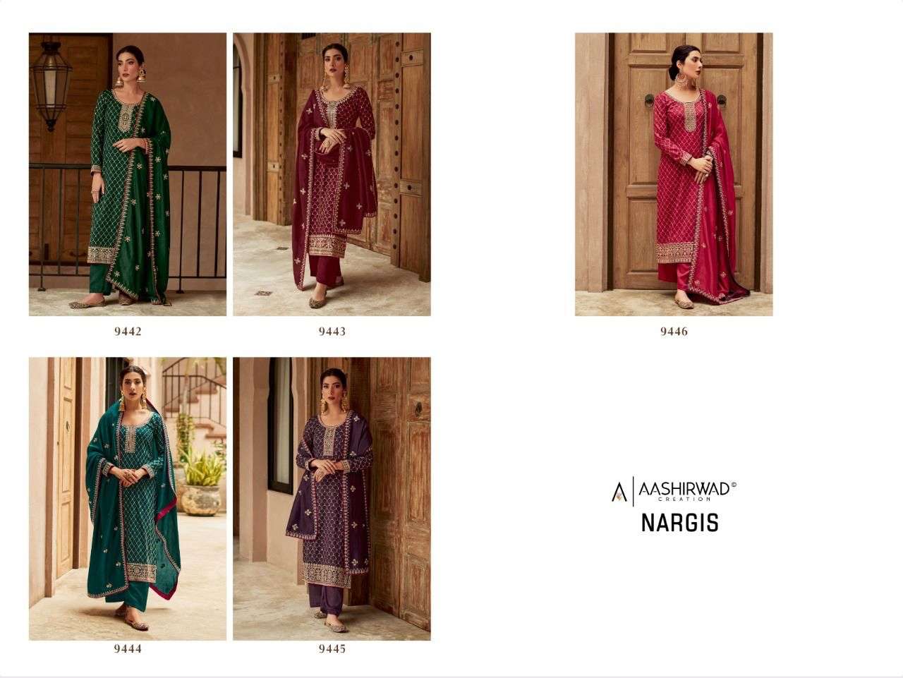 aashirwad creation nargis 9442-9446 series party wear salwar kameez new catalogue 