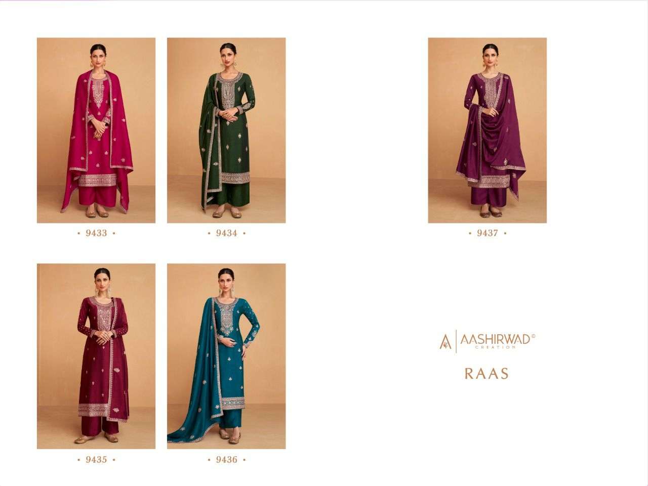 aashirwad creation raas 9433-9437 series party wear salwar kameez catalogue wholesaler surat 