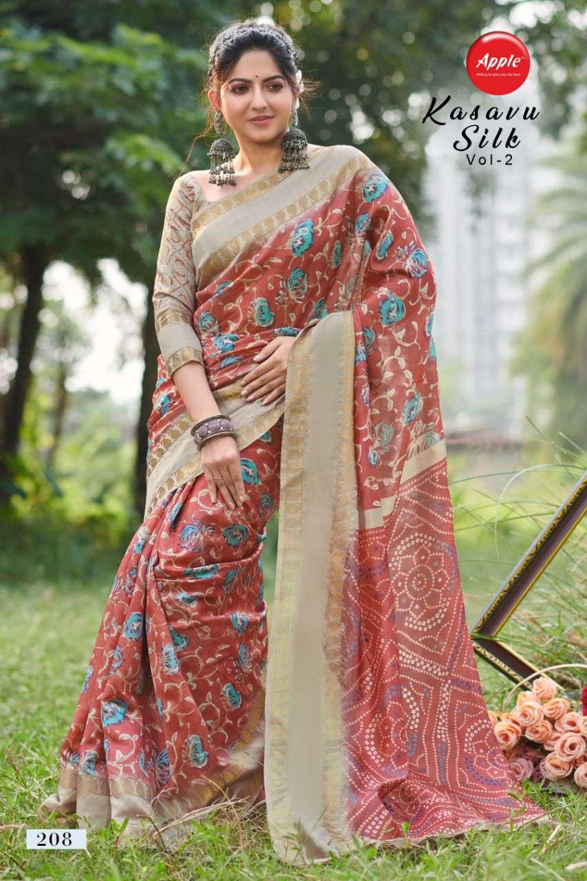 apple kasavu silk vol 2 201-208 series attractive look designer saree catalogue manufacturer surat 