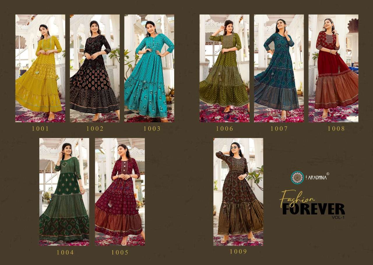 aradhna fashion forever vol-1 1001-1009 series fancy designer long gown catalogue wholesaler surat