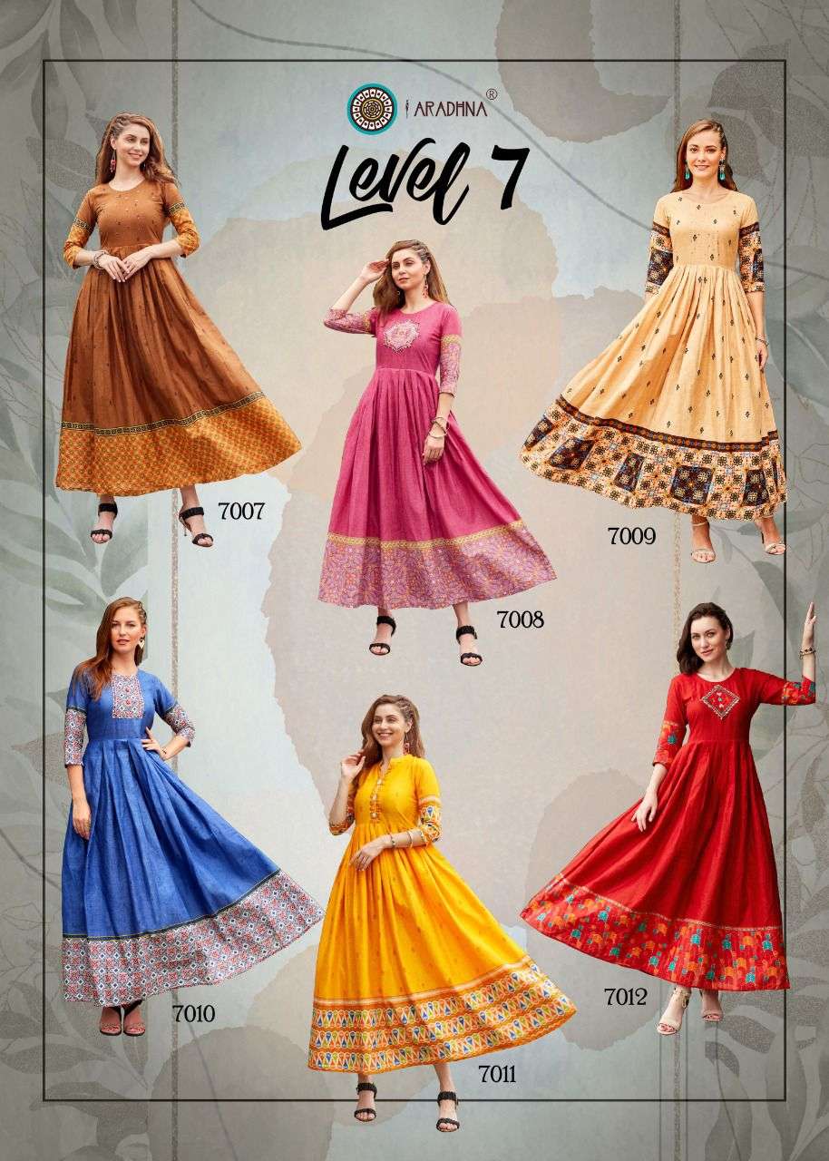 aradhna level vol 7 7001-7012 series trendy designer long kurti catalogue wholesaler surat 