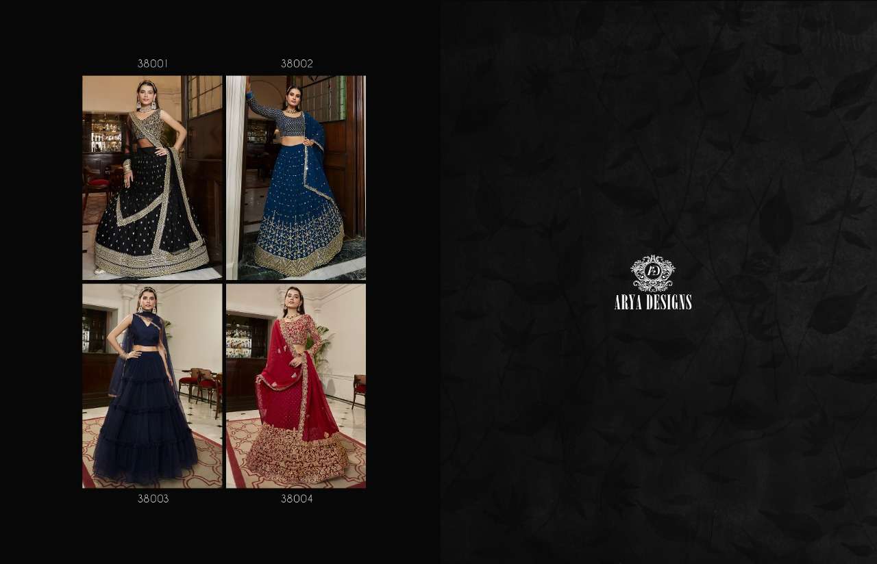 arya designs royal saga vol-6 38001-38004 series party wear lehenga collection wholesale price surat 