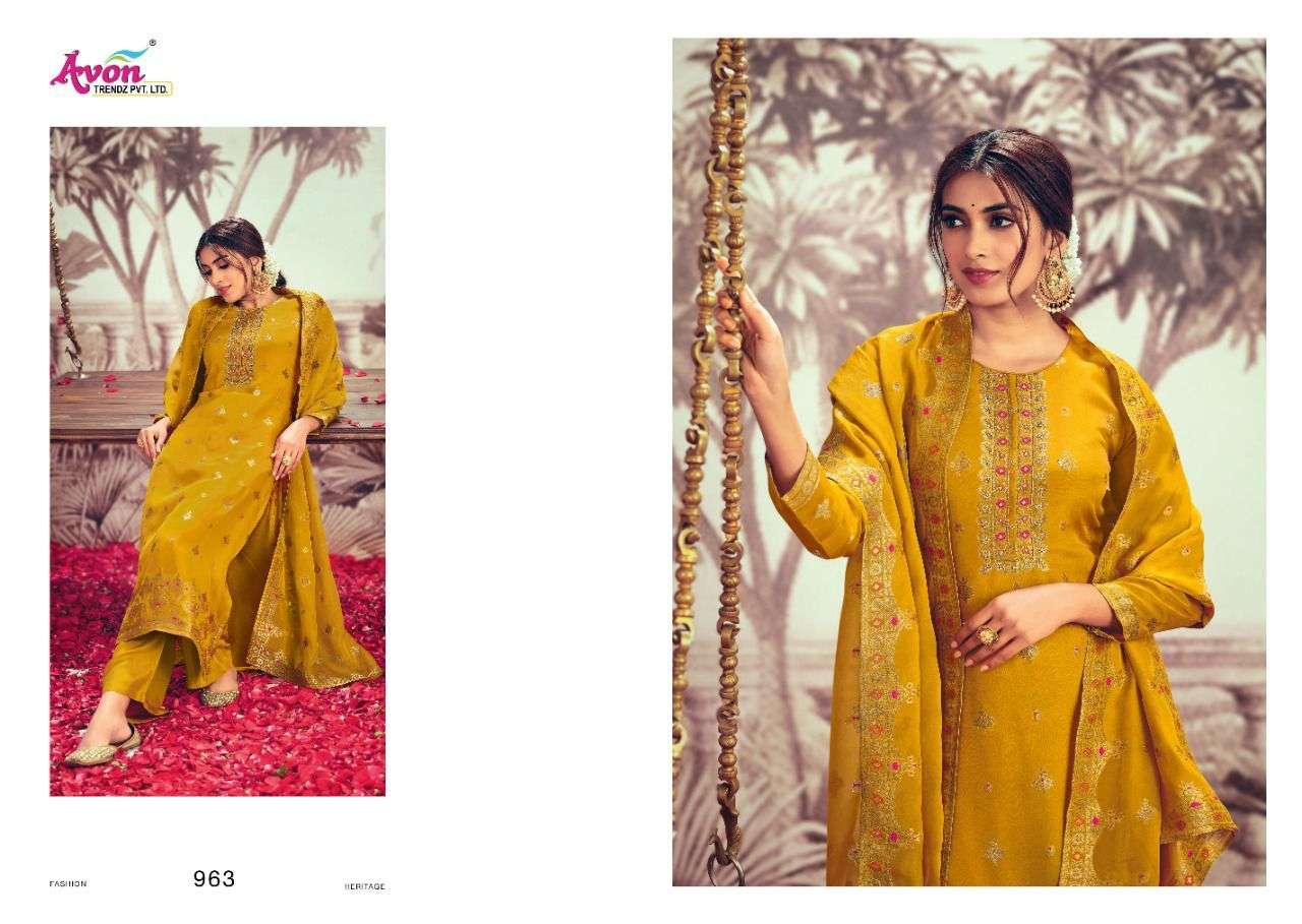 avon trendz utsav 961-965 series pure organza meena silk salwar kameez party wear latest catalogue