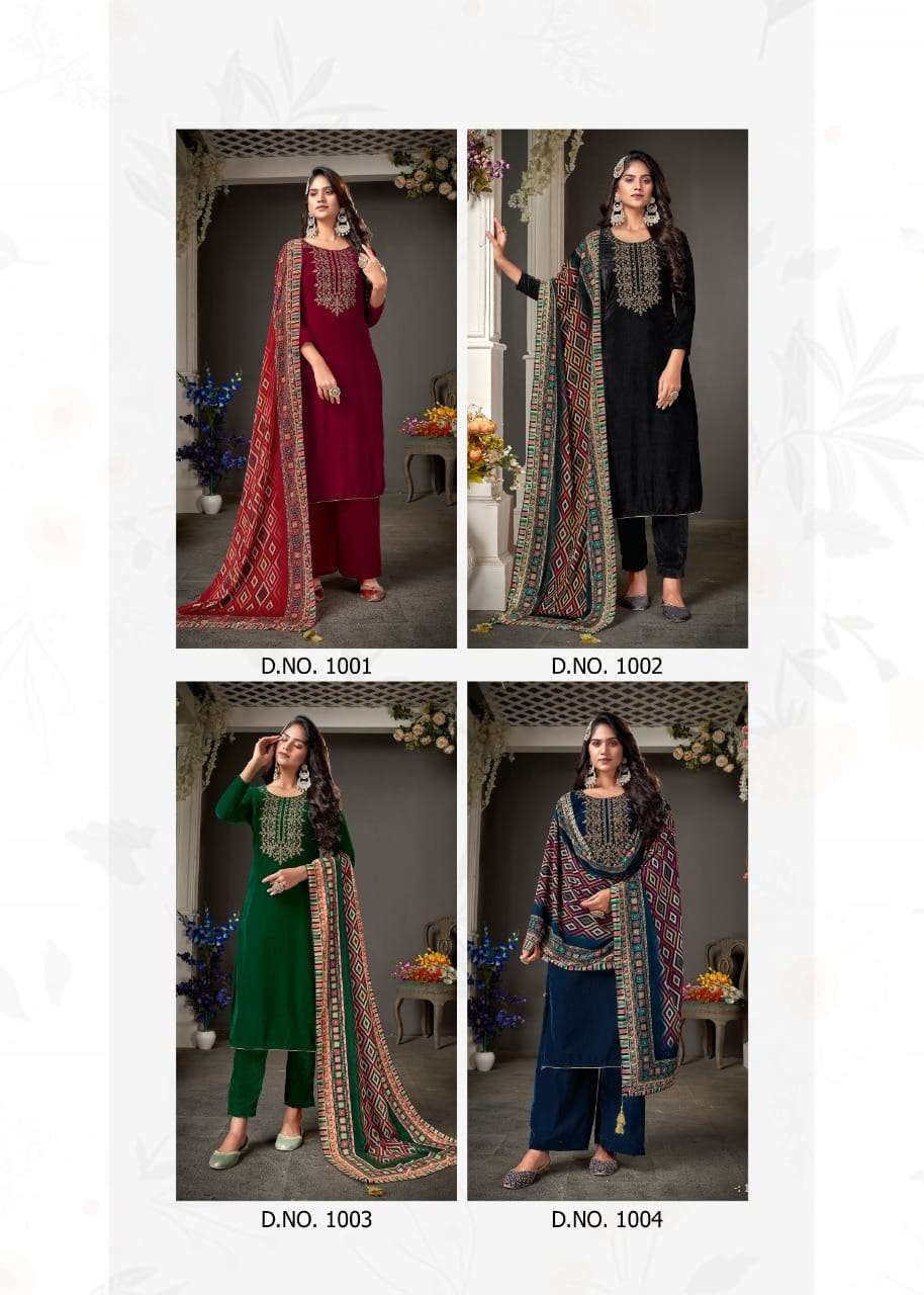 bipson prints amiraa vol-1 1001-1004 series designer velvet salwar kameez new catalogue price surat 