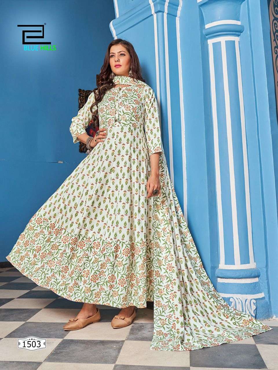 bluehills manika mage tithe vol 15 1501-1508 series fancy gown with dupatta catalogue new design