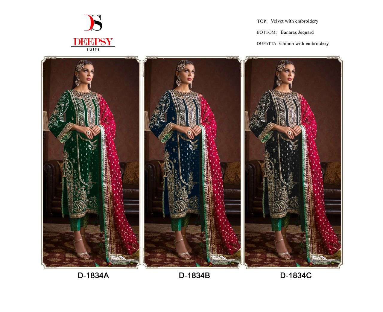 deepsy suits anaya velvet 1834 colours designer look embroidered velvet suits collection surat