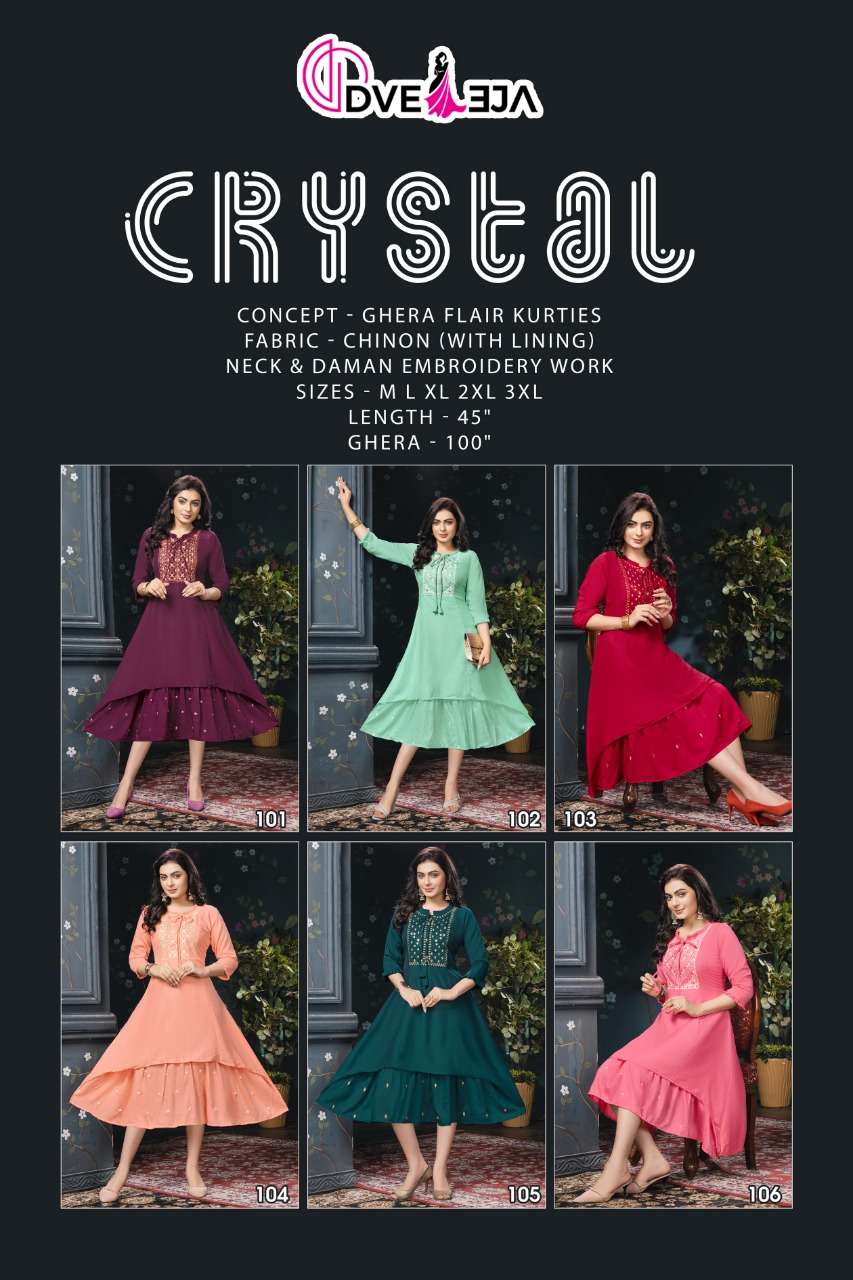 dveeja fashion crystal 101-106 series flare style designer kurti catalogue online wholesaler surat 